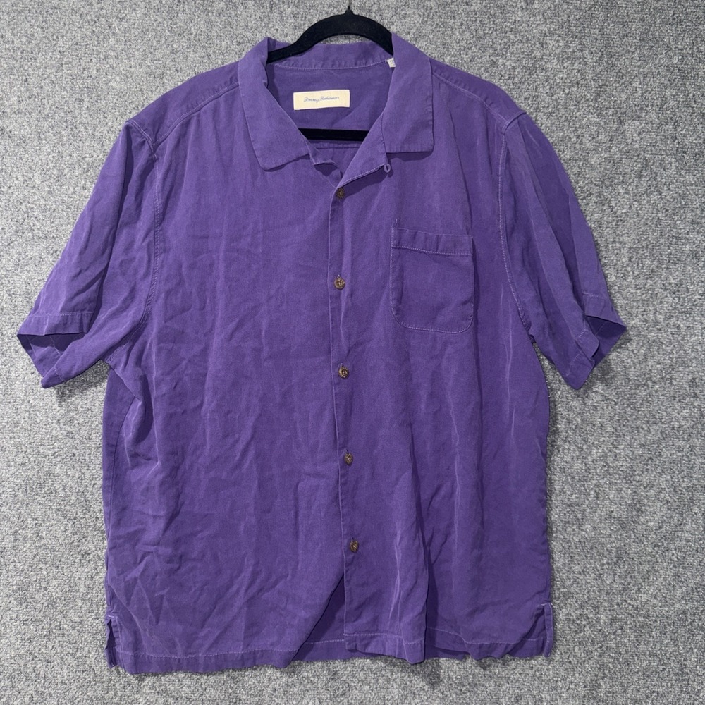 Tommy Bahama Shirt Mens XXL Purple Solid 100% Silk Short Sleeve Button Up Casual
